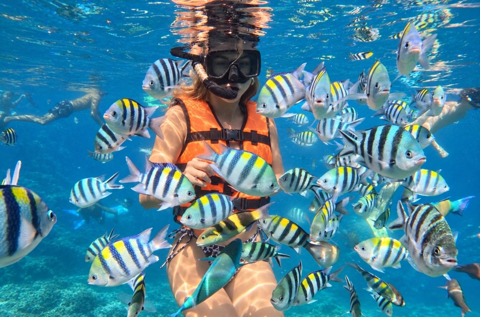 Snorkeler in an orange life vest among tropical fish