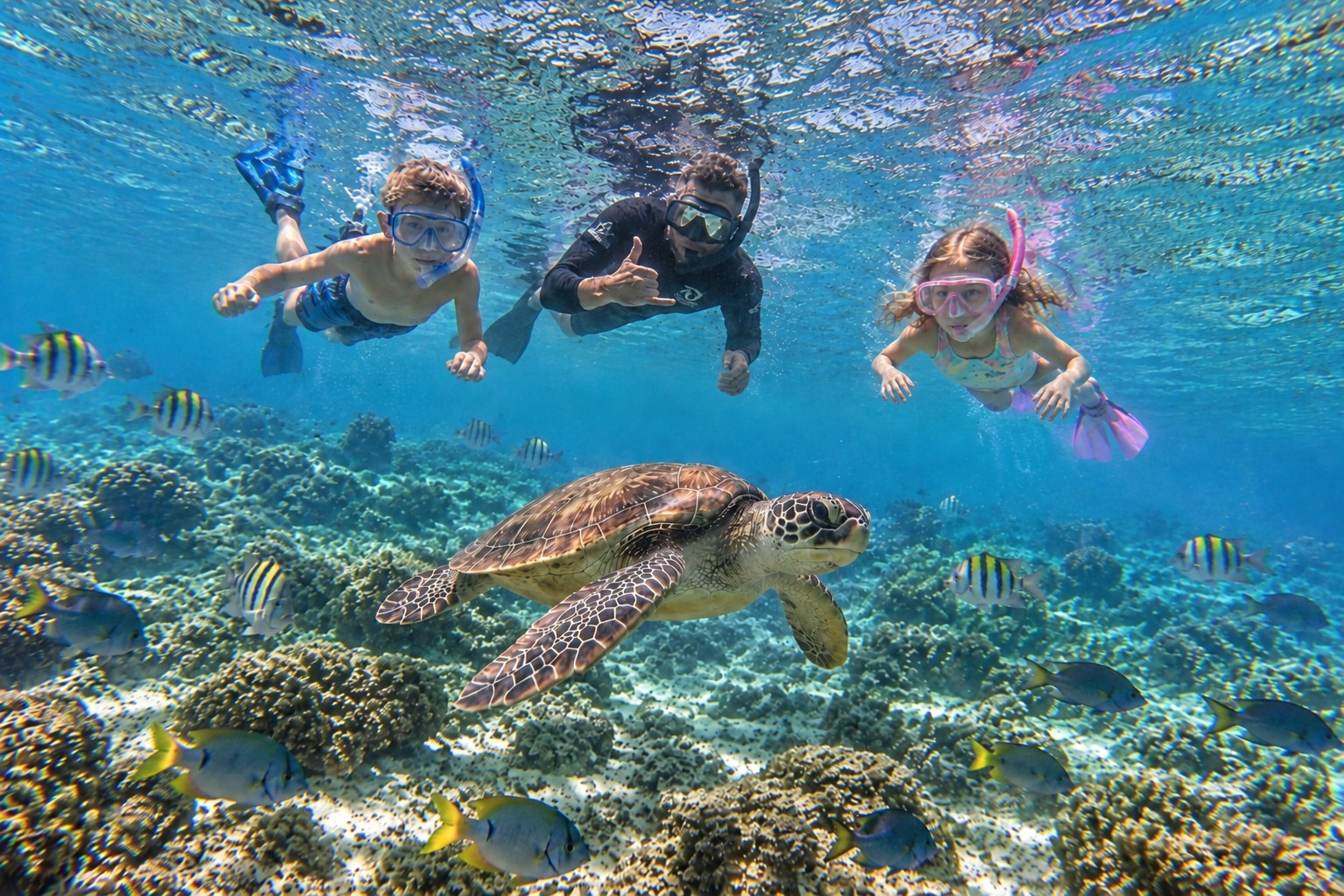 Guide and two children observing a sea turtle